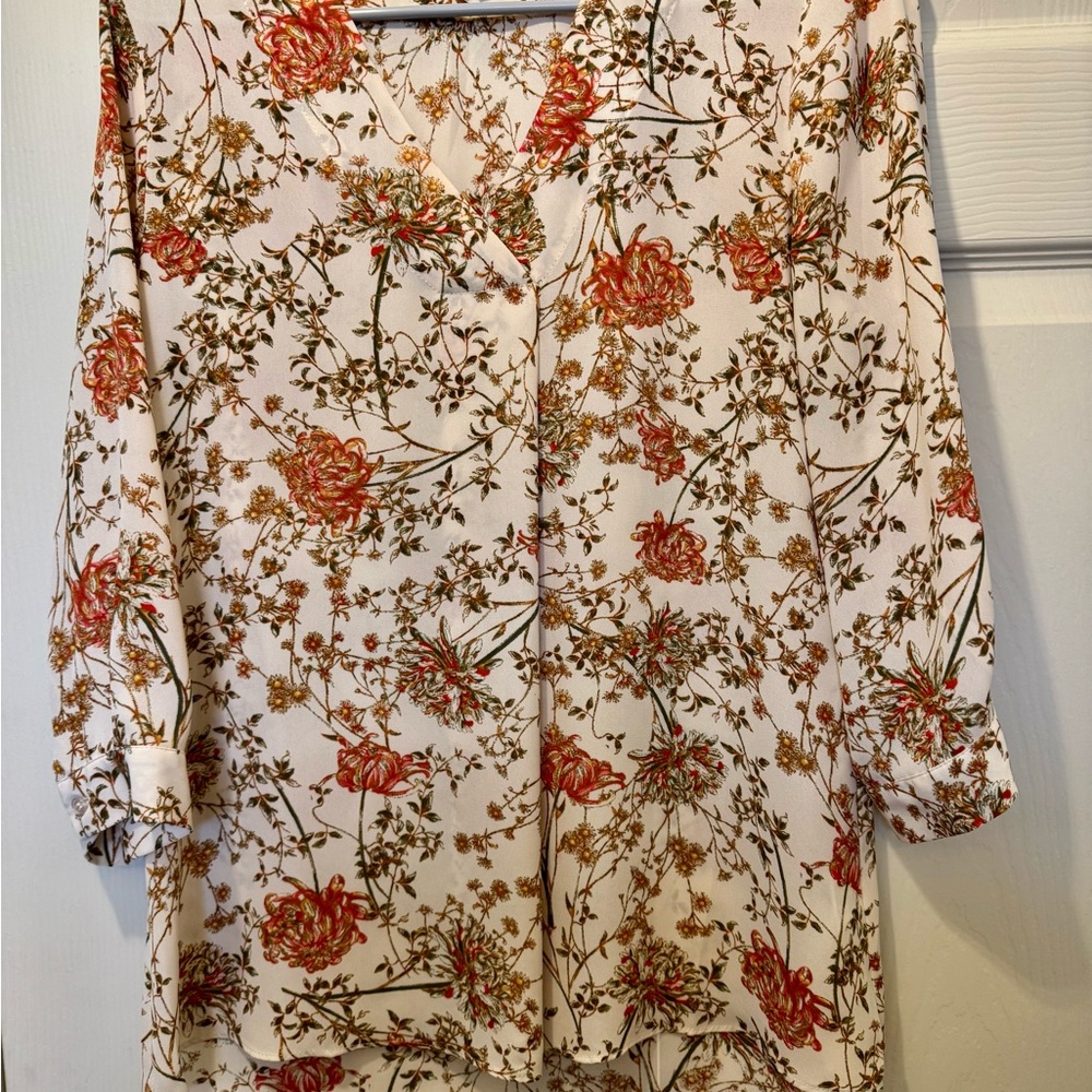 Red and Brown 3/4 Sleeve Relaxed Tunic with Mandarin Collar